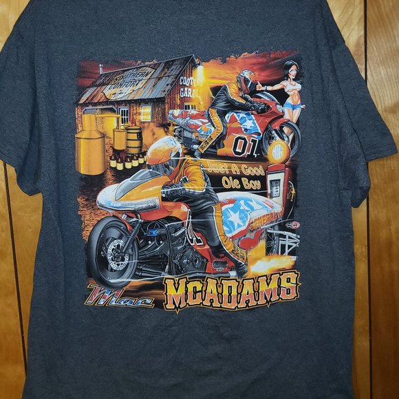 Mac McAdams Shirt LARGE Short Sleeve Graphic t GRAY Motorcycle Racing Cooters A4 - Picture 1 of 6